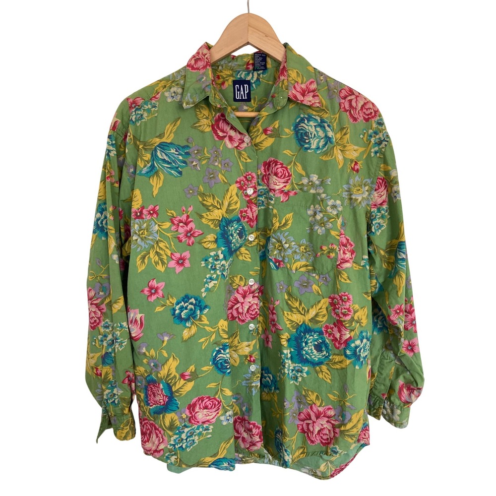Vintage GAP Floral Button Down Shirt Green Pink Cotton Long Sleeve Womens  M